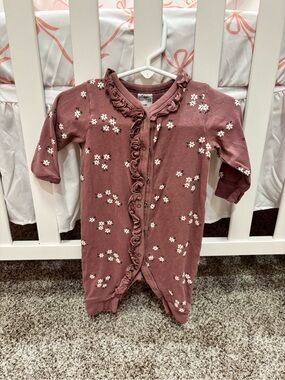 Mauve Floral Ruffle Snap-Front Baby Romper